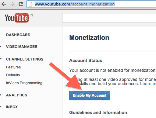 youtube enable monetization option